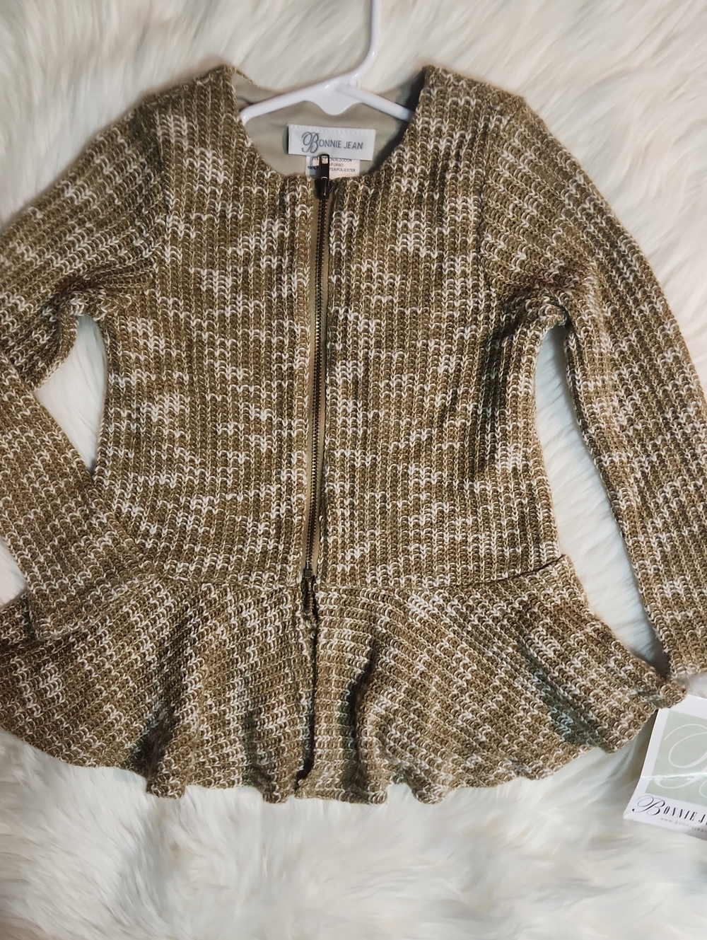 Brand: Bonnie Jean - Green/Cream Knit Zip Peplum Sweater - Size:3t - New